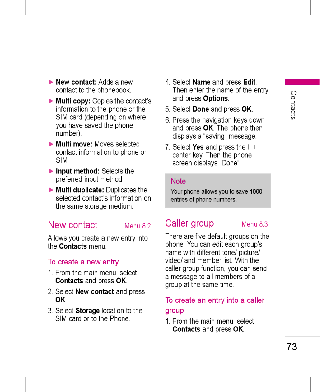 LG Electronics KP199 manual New contact, Caller group, To create a new entry, To create an entry into a caller group 