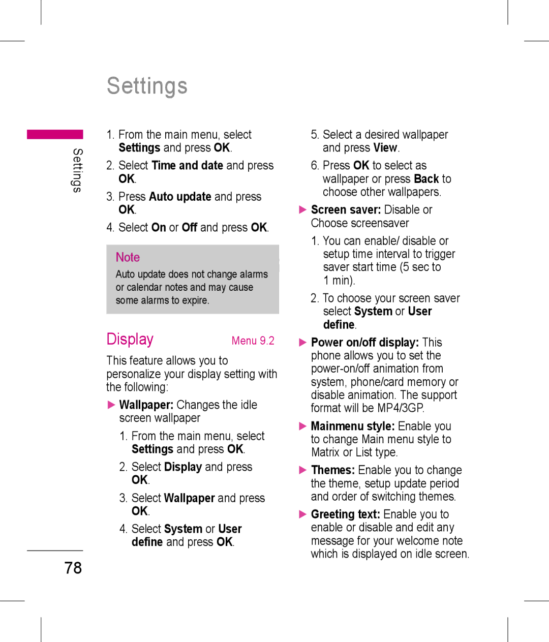 LG Electronics KP199 Display Menu, Settings and press OK, Select Display and press OK Select Wallpaper and press OK 