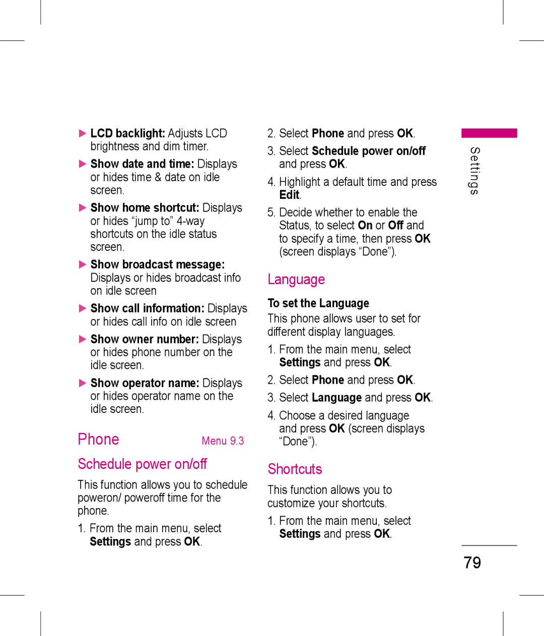 LG Electronics KP199 manual Shortcuts, Select Schedule power on/off and press OK, To set the Language 