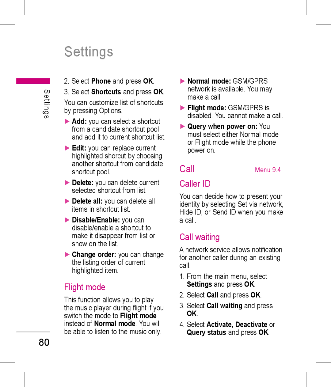 LG Electronics KP199 manual Flight mode, Caller ID, Select Call waiting and press OK 