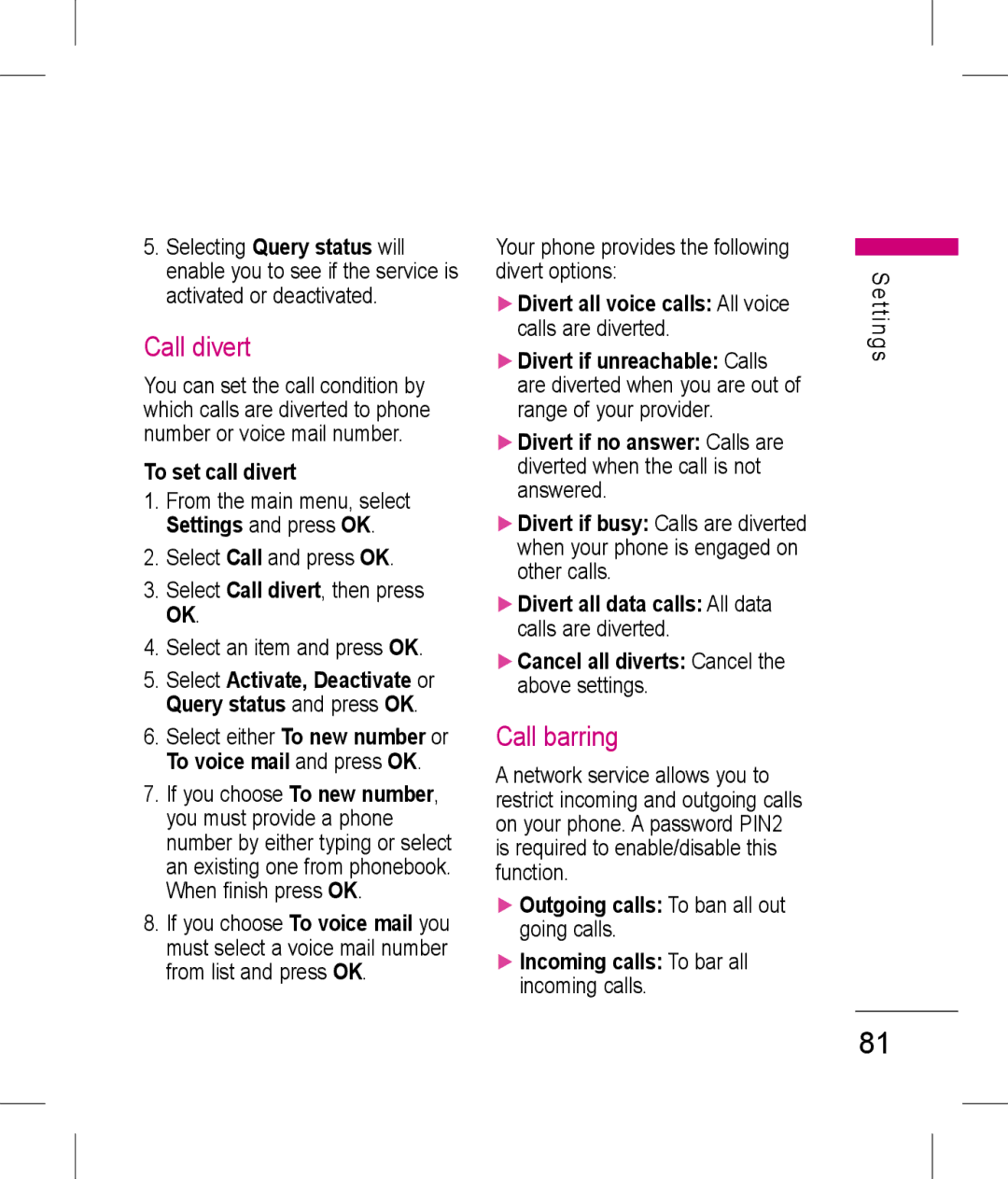 LG Electronics KP199 manual Call divert, Call barring, To set call divert, Your phone provides the following divert options 