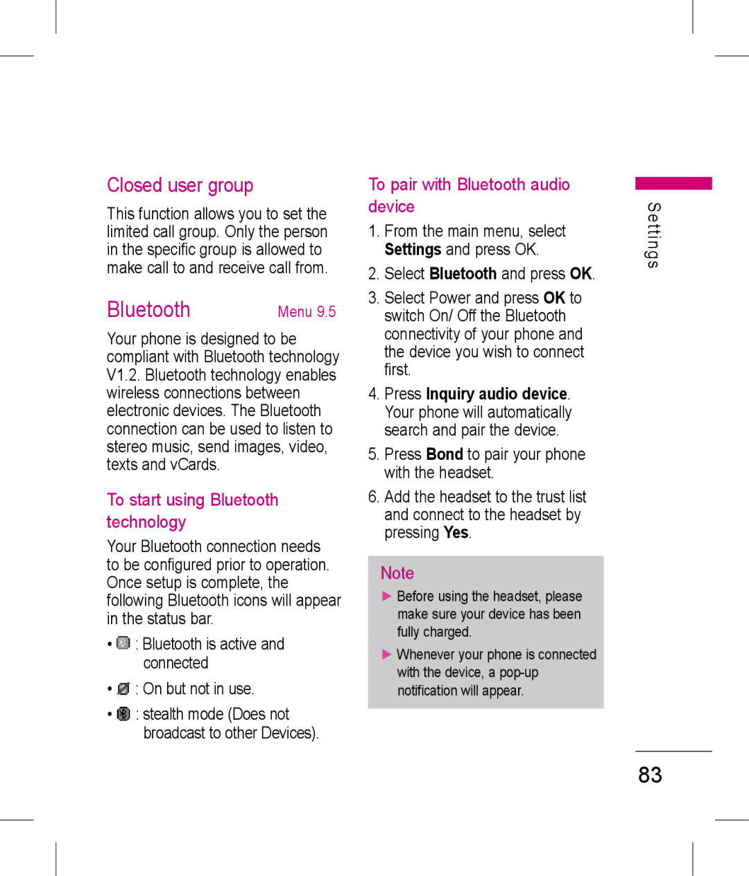 LG Electronics KP199 manual Closed user group, To start using Bluetooth technology, To pair with Bluetooth audio device 