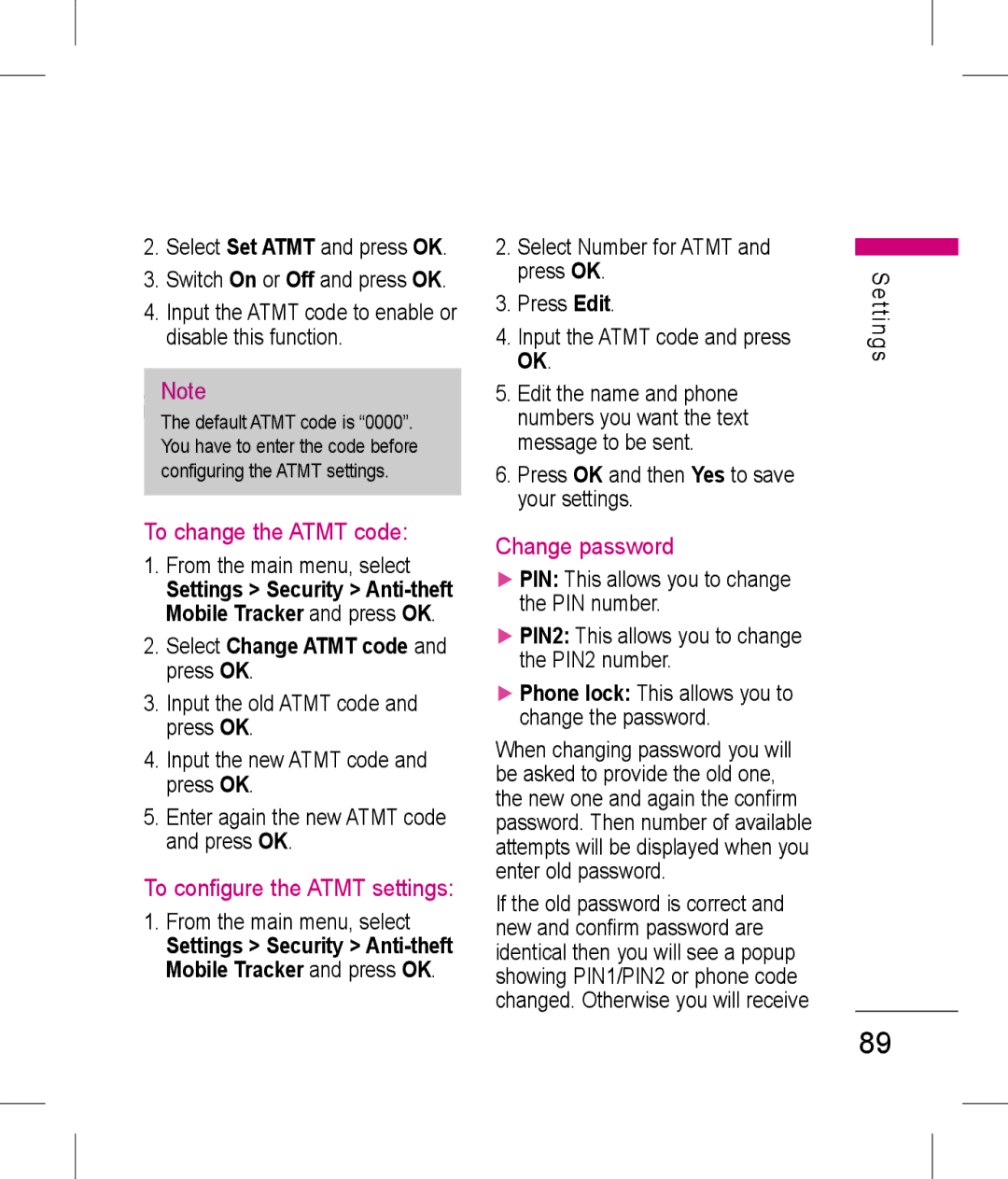 LG Electronics KP199 manual To change the Atmt code, To configure the Atmt settings, Change password 