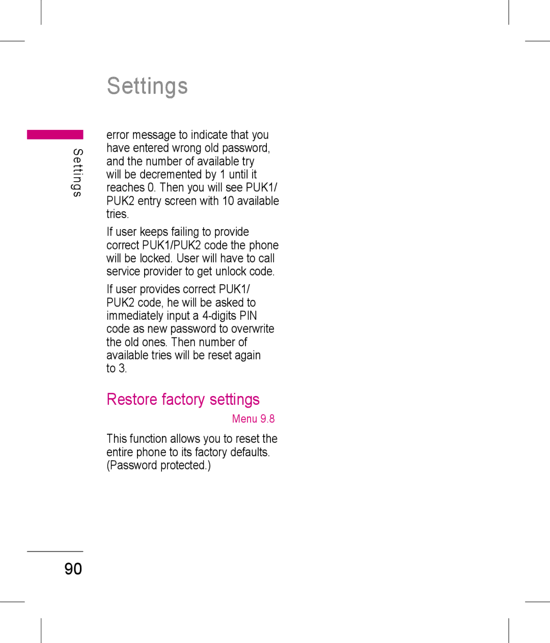 LG Electronics KP199 manual Restore factory settings 