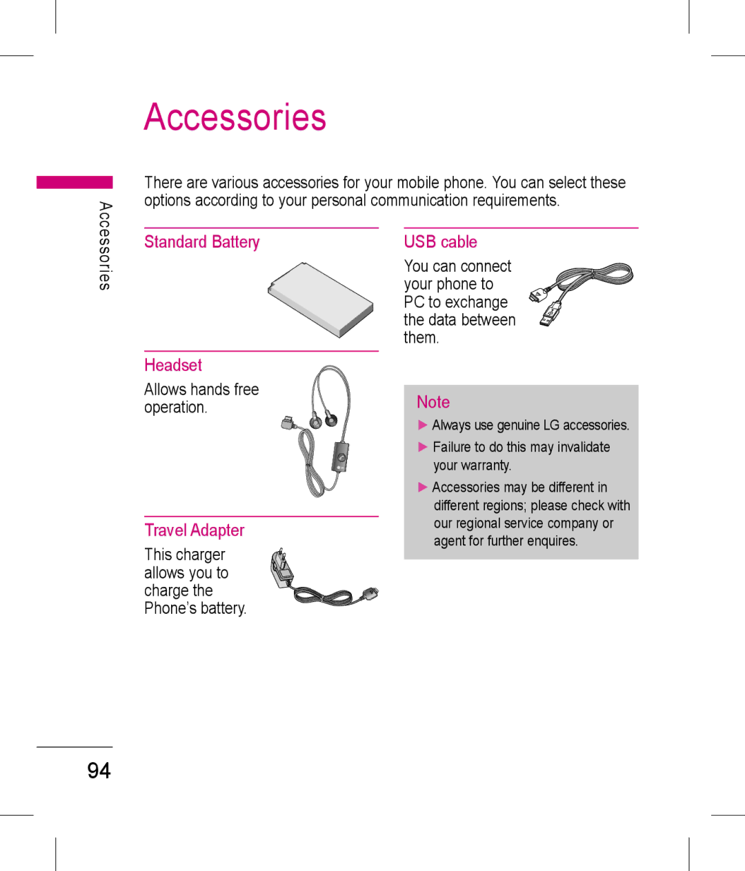 LG Electronics KP199 manual Accessories, Standard Battery Headset, Travel Adapter, USB cable, Allows hands free operation 