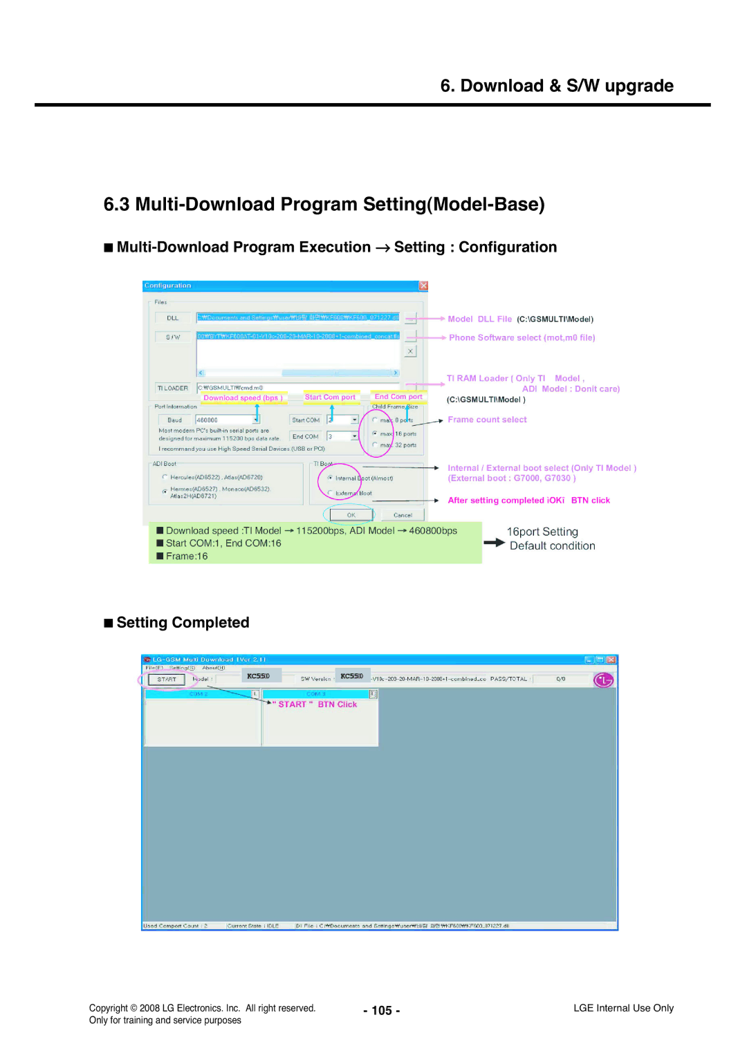 LG Electronics KS360 service manual Multi-Download Program SettingModel-Base, 105 