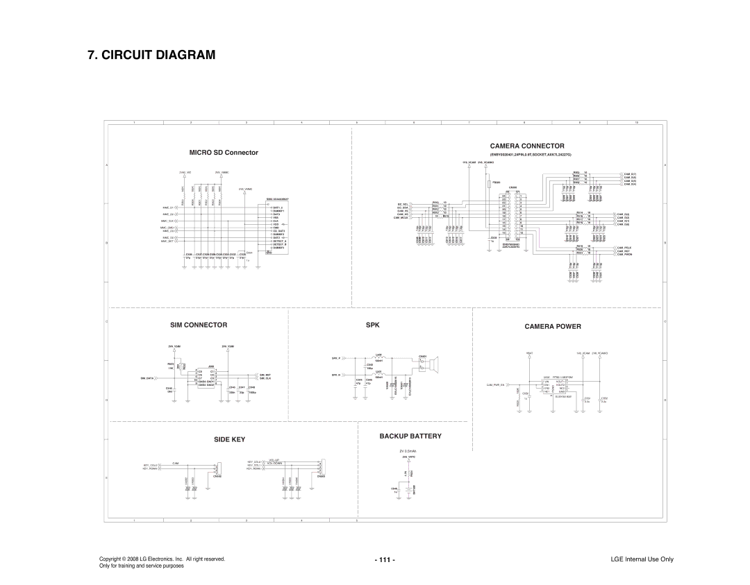 LG Electronics KS360 service manual Camera Connector, SIM Connector, Camera Power, Side KEY, Backup Battery 