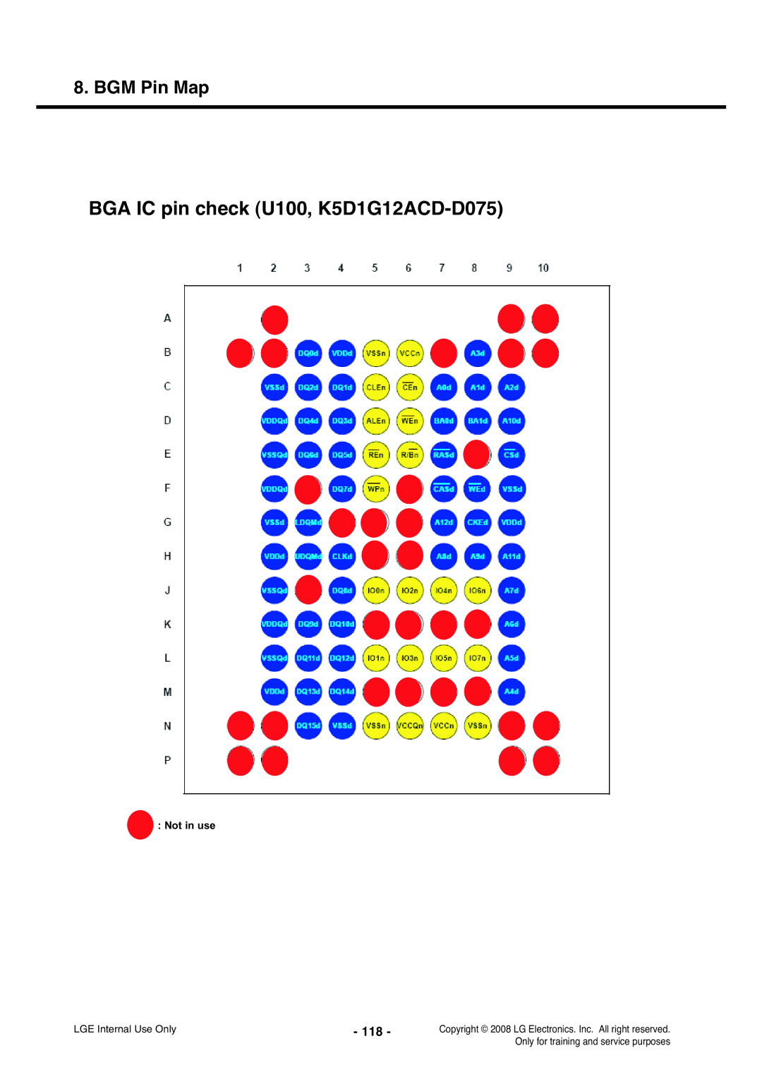 LG Electronics KS360 service manual BGA IC pin check U100, K5D1G12ACD-D075, 118 