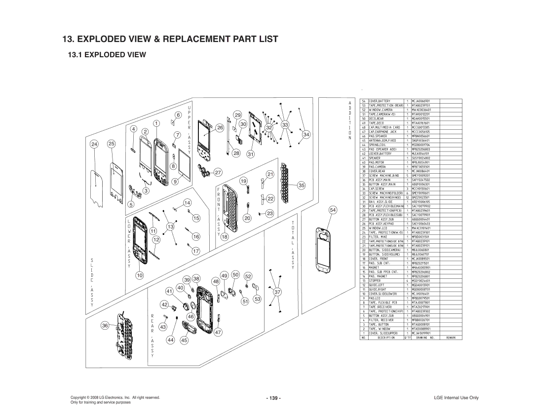 LG Electronics KS360 service manual Exploded View & Replacement Part List, 139 