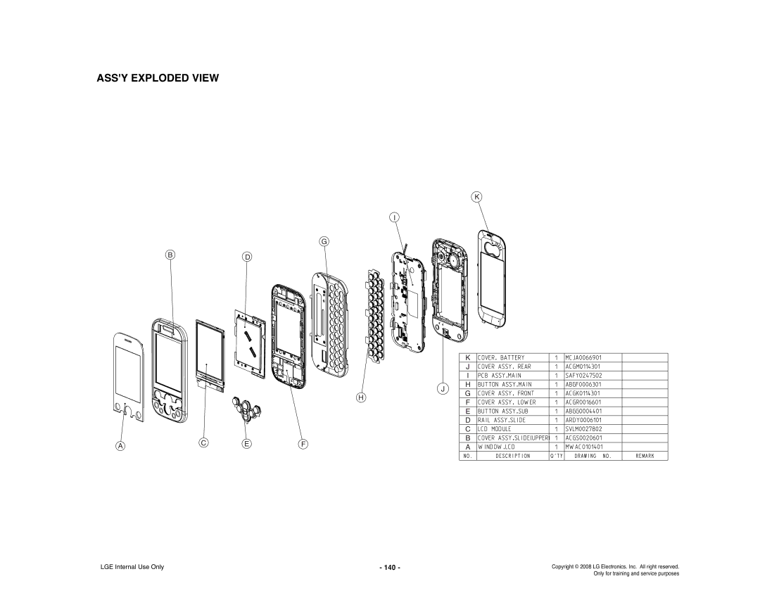 LG Electronics KS360 service manual Assy Exploded View, 140 