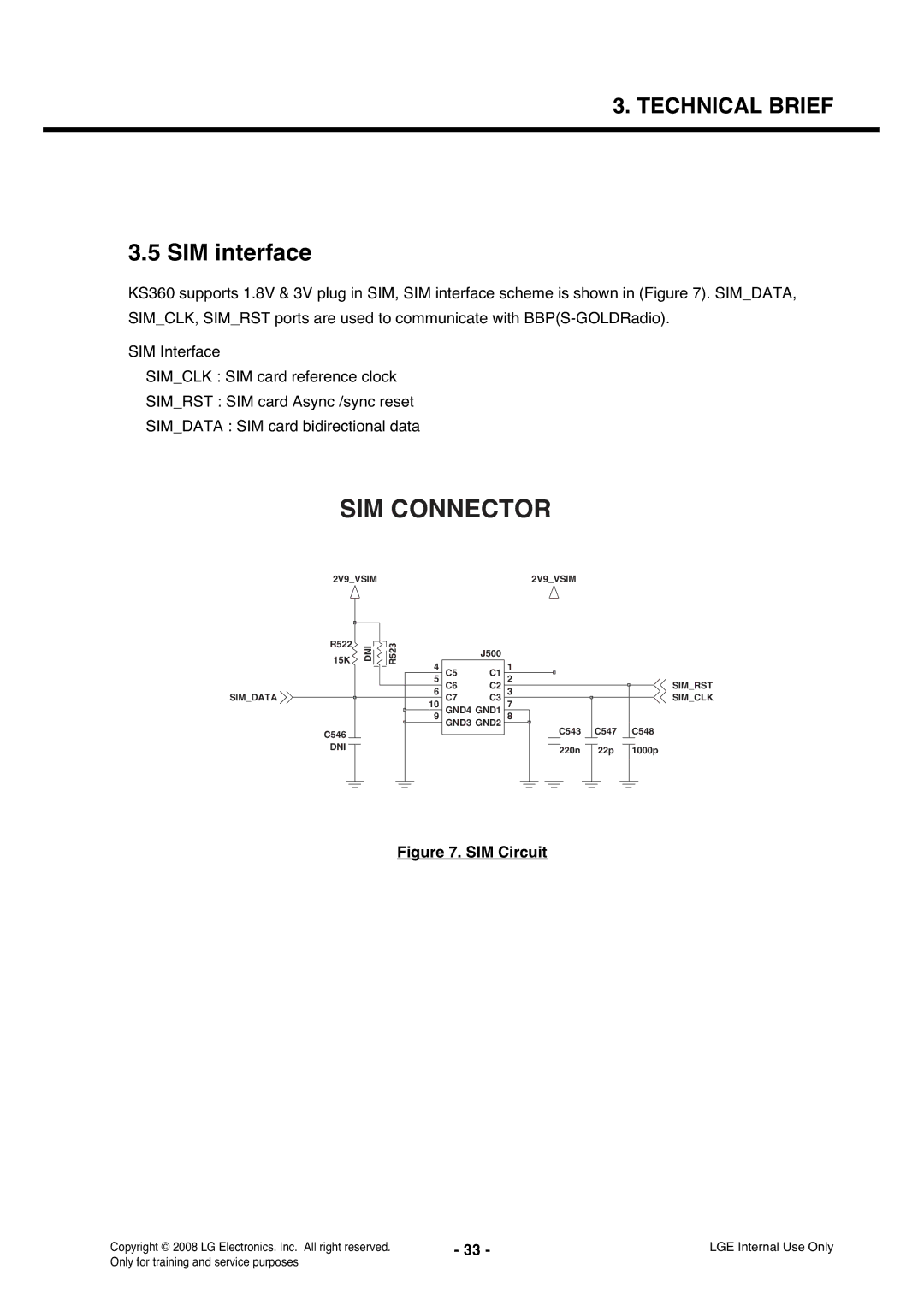 LG Electronics KS360 service manual SIM interface, SIM Circuit 