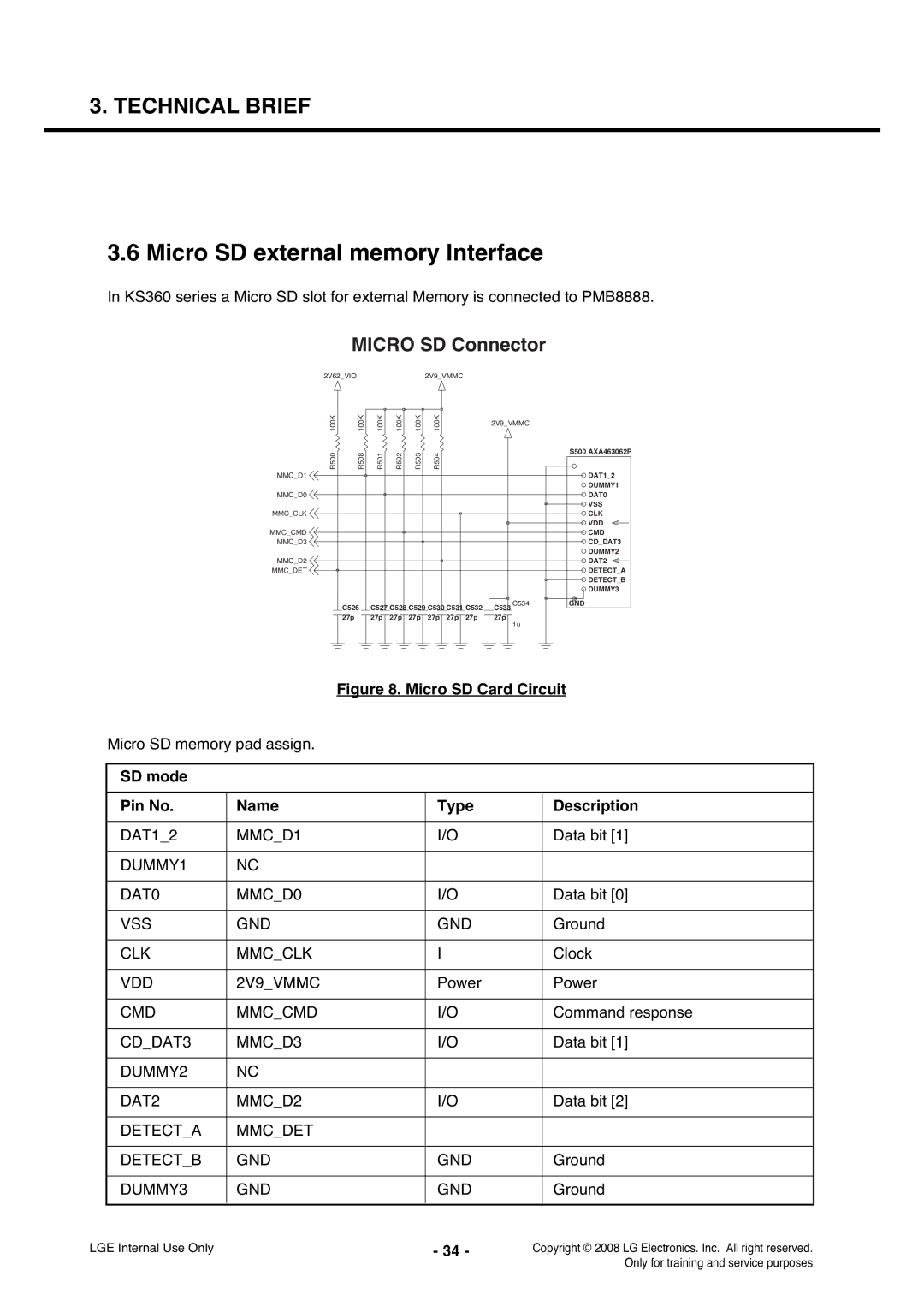 LG Electronics KS360 service manual Micro SD external memory Interface, SD mode Pin No Name Type Description 