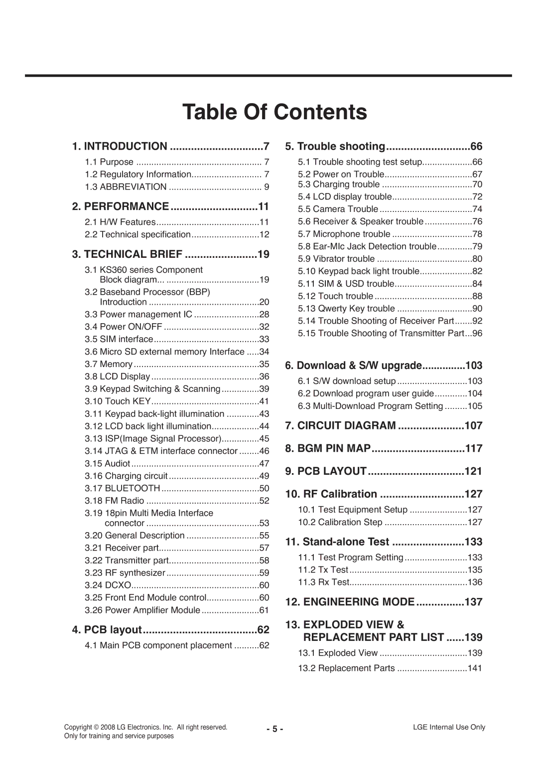 LG Electronics KS360 service manual Table Of Contents 