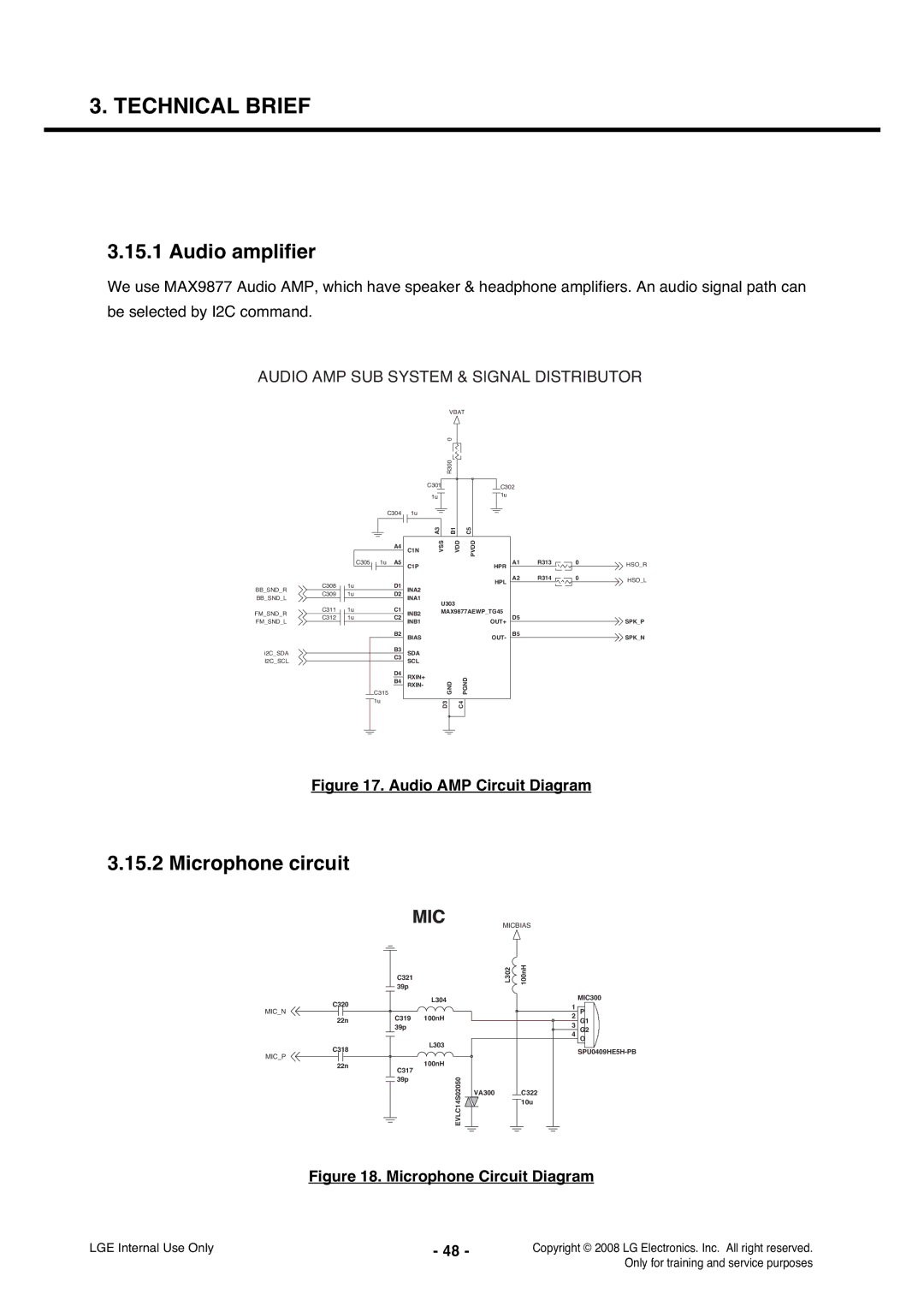 LG Electronics KS360 service manual Audio amplifier, Microphone circuit 