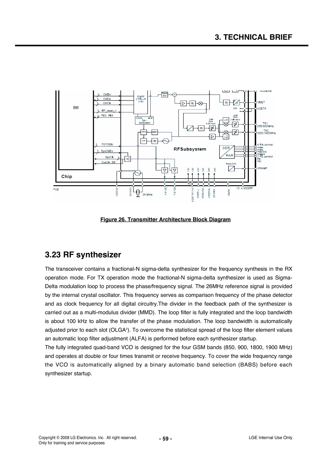 LG Electronics KS360 service manual RF synthesizer, Transmitter Architecture Block Diagram 