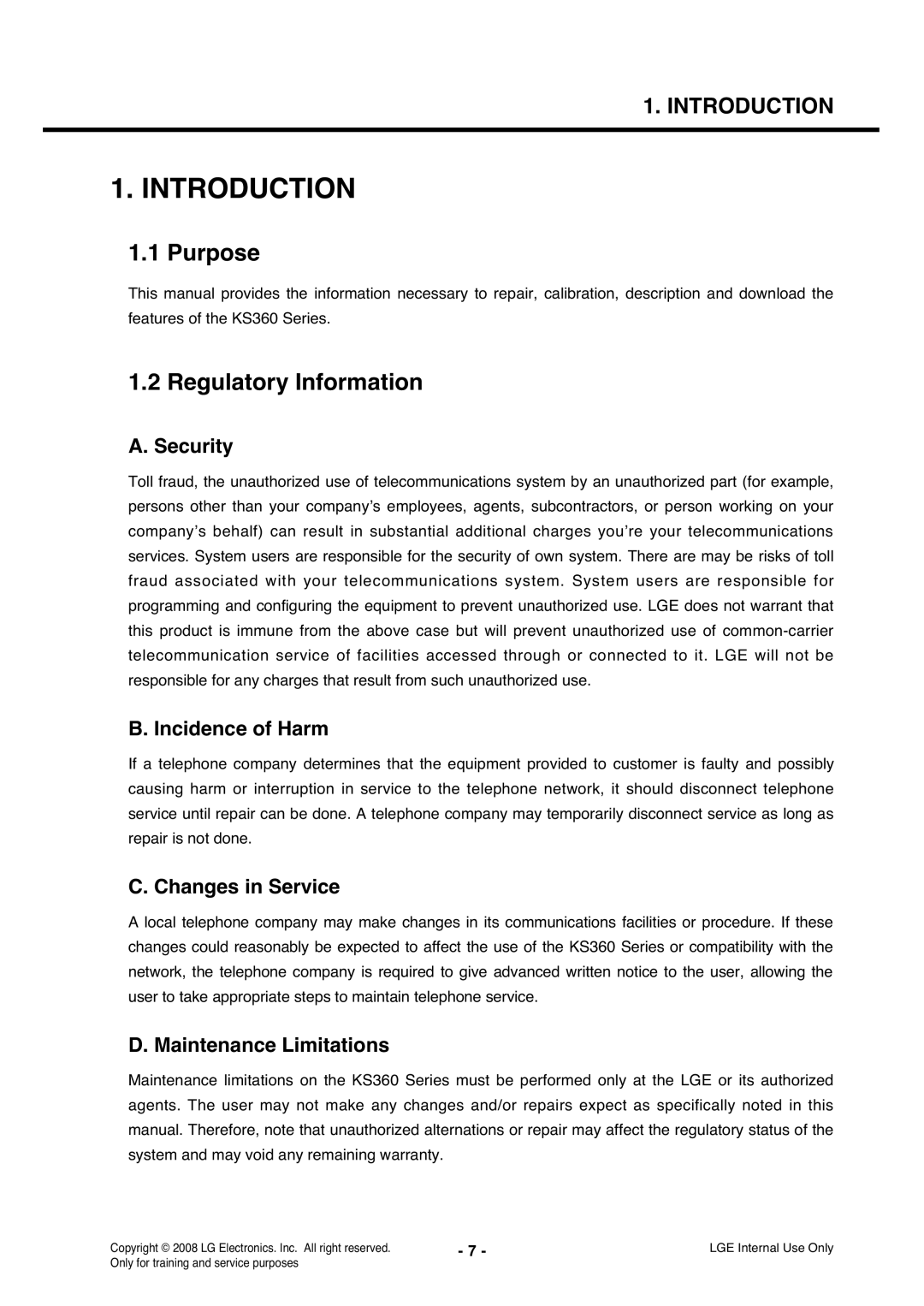 LG Electronics KS360 service manual Purpose, Regulatory Information 