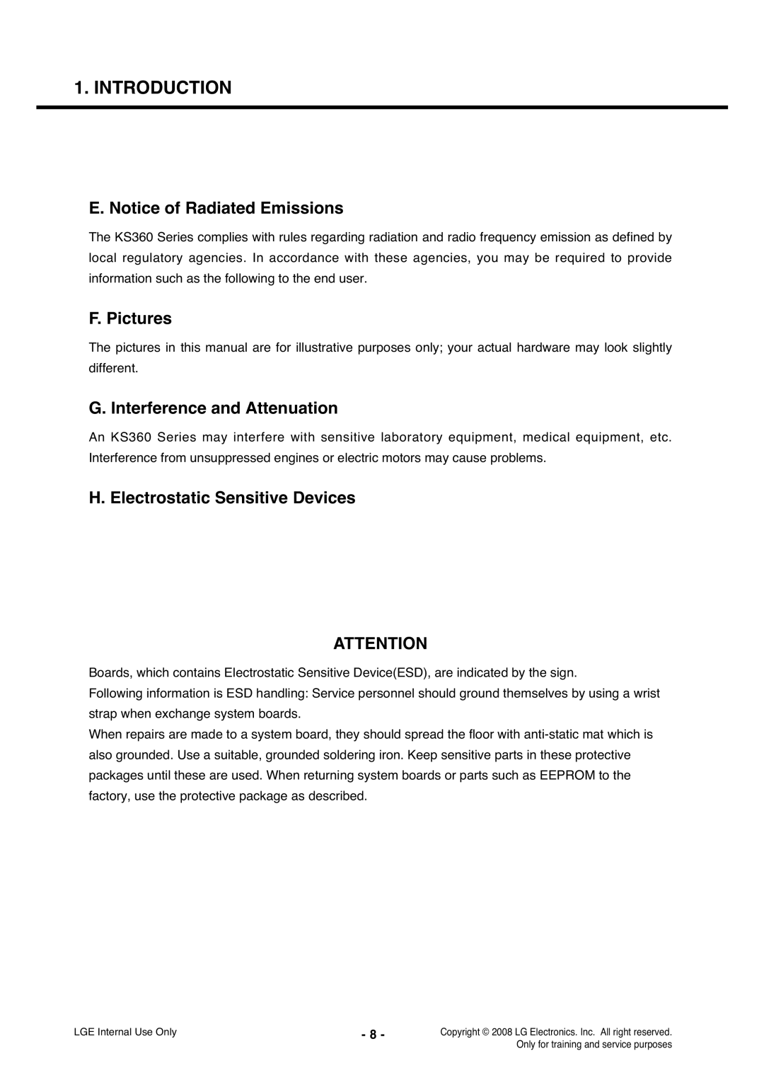 LG Electronics KS360 service manual Pictures, Interference and Attenuation, Electrostatic Sensitive Devices 