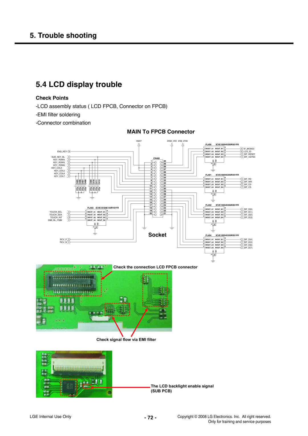 LG Electronics KS360 service manual LCD display trouble, Main To Fpcb Connector 