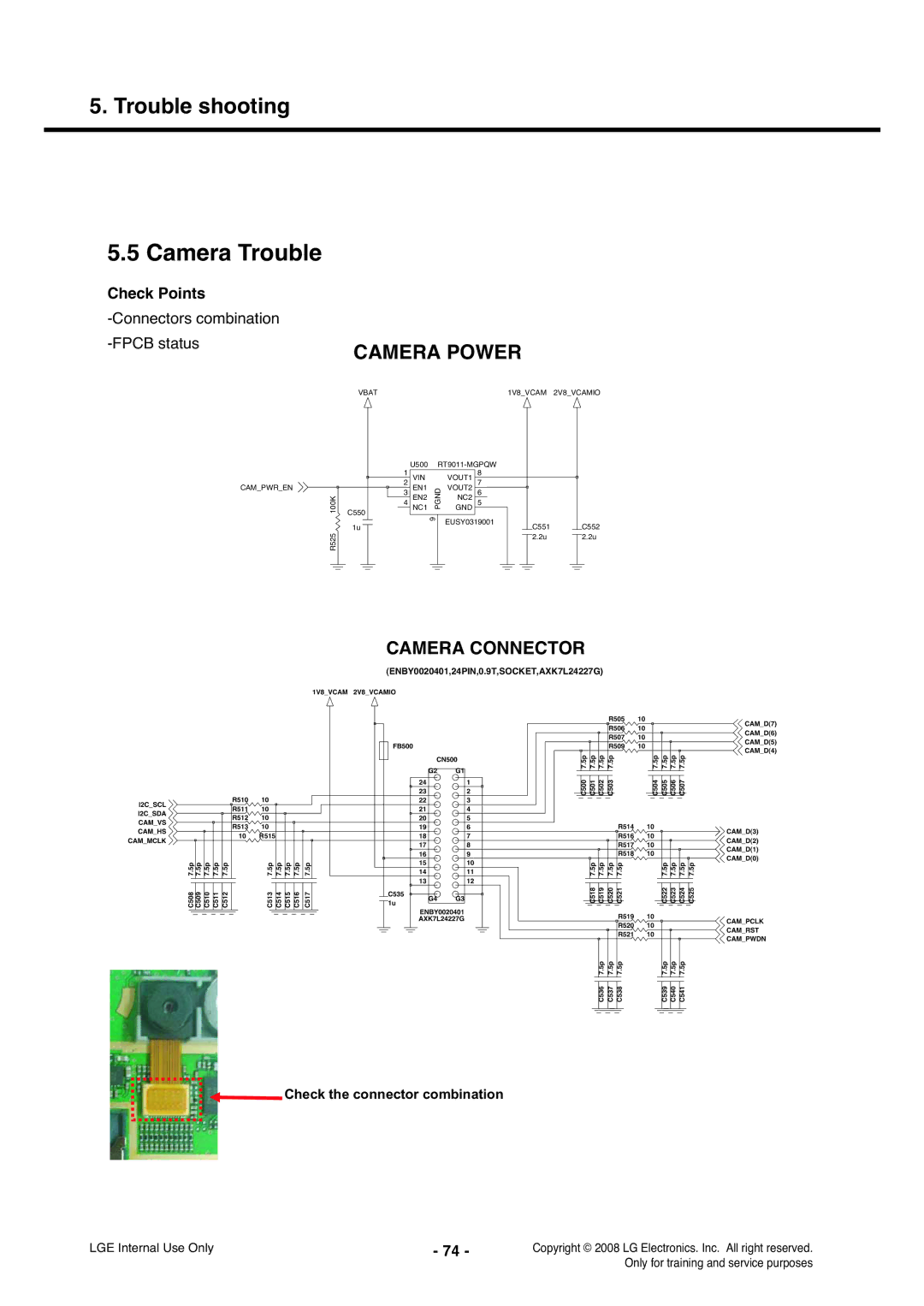 LG Electronics KS360 service manual Camera Trouble, Connectors combination Fpcb status 