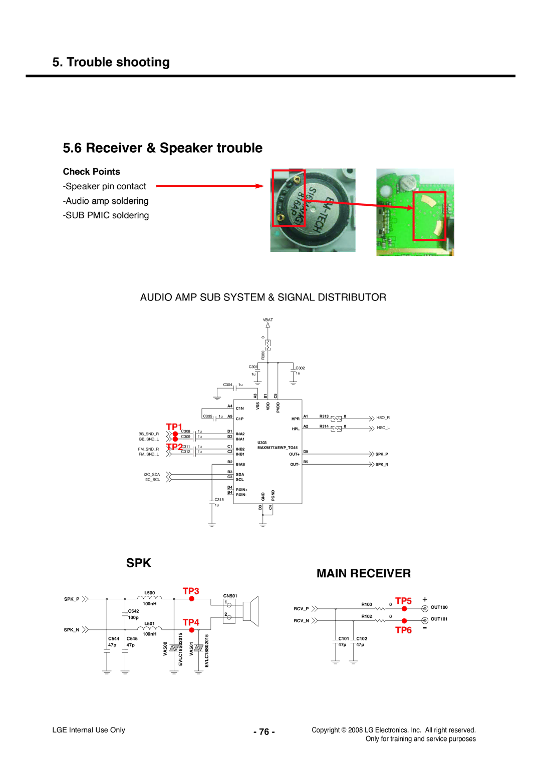 LG Electronics KS360 service manual Receiver & Speaker trouble, Speaker pin contact Audio amp soldering SUB Pmic soldering 