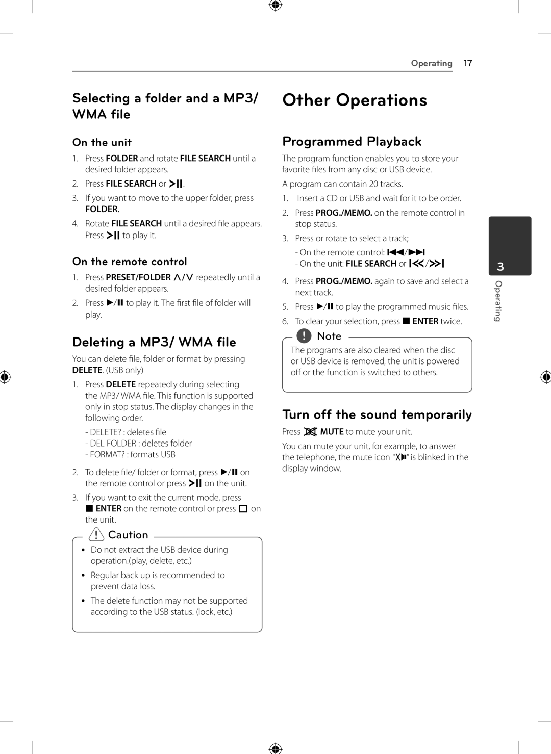 LG Electronics KSM1506 owner manual Other Operations, Selecting a folder and a MP3/ WMA ﬁle, Programmed Playback 