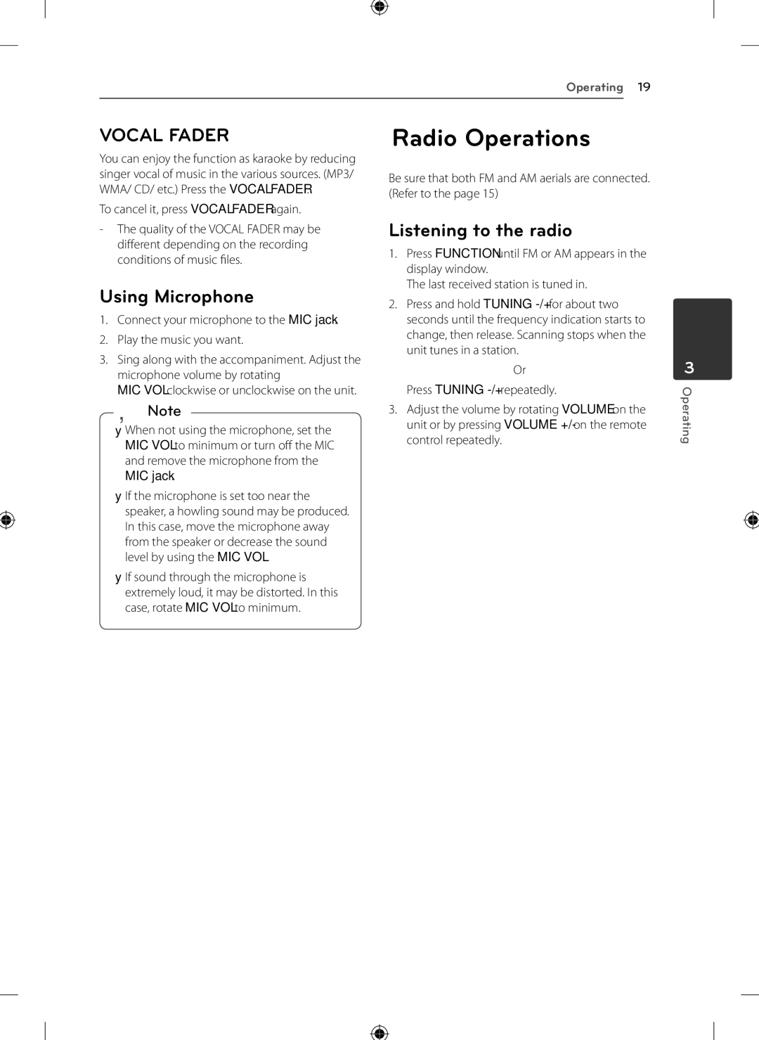 LG Electronics KSM1506 owner manual Radio Operations, Using Microphone, Listening to the radio 