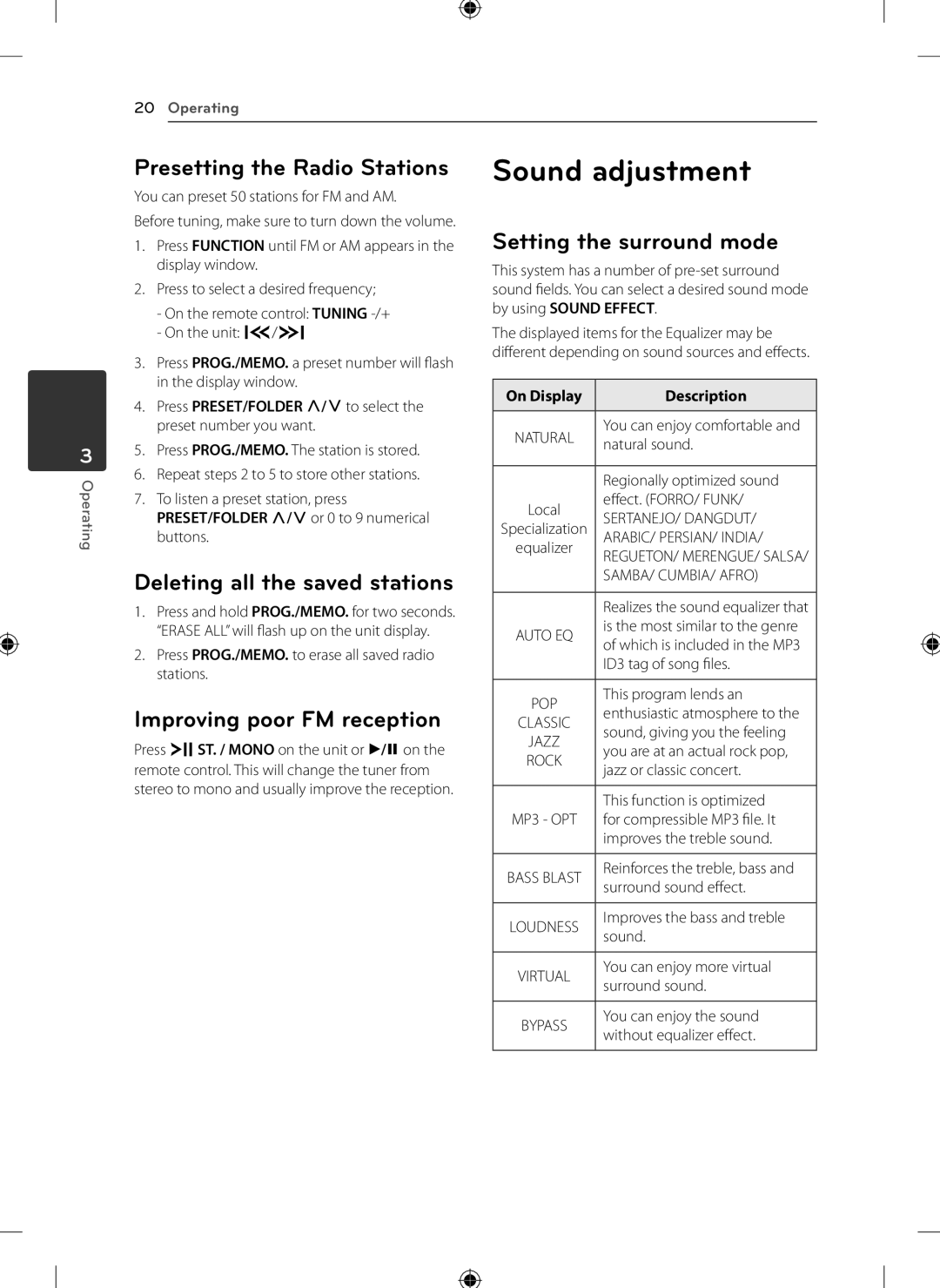 LG Electronics KSM1506 owner manual Sound adjustment, Presetting the Radio Stations, Deleting all the saved stations 