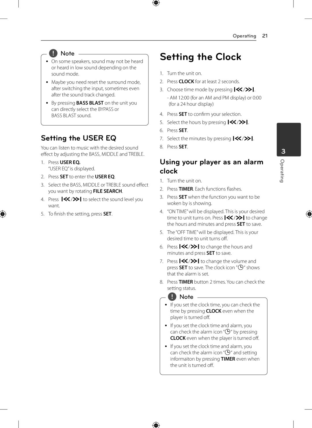 LG Electronics KSM1506 Setting the Clock, Setting the User EQ, Using your player as an alarm clock, Bass Blast sound 