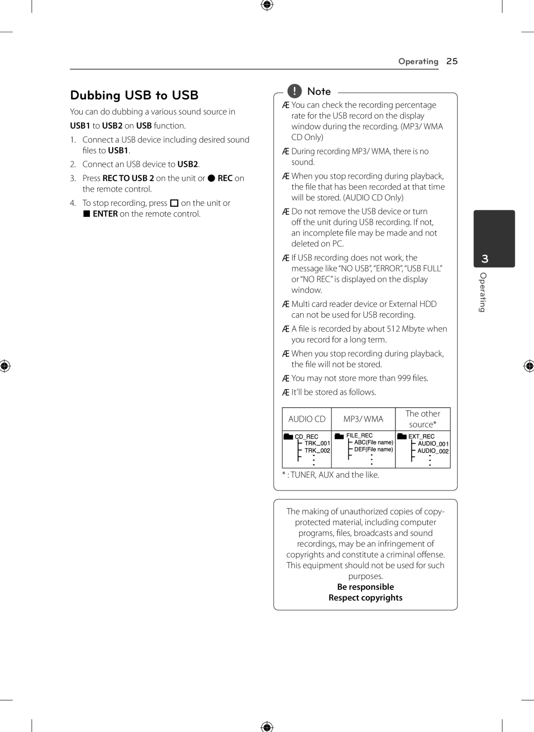 LG Electronics KSM1506 owner manual Dubbing USB to USB, Audio CD MP3/ WMA, Other, Be responsible Respect copyrights 