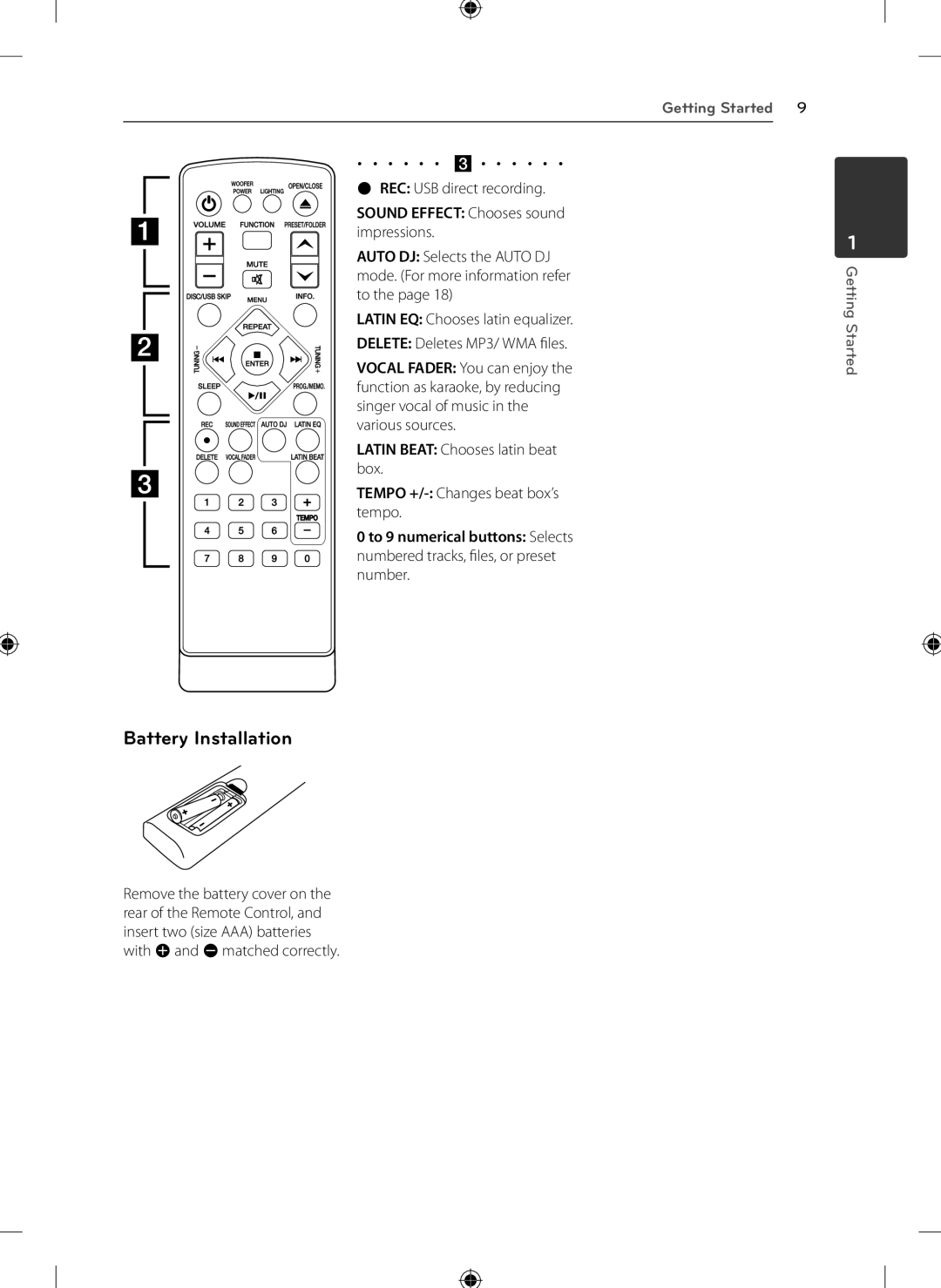 LG Electronics KSM1506 owner manual Battery Installation, REC USB direct recording, Sound Effect Chooses sound impressions 