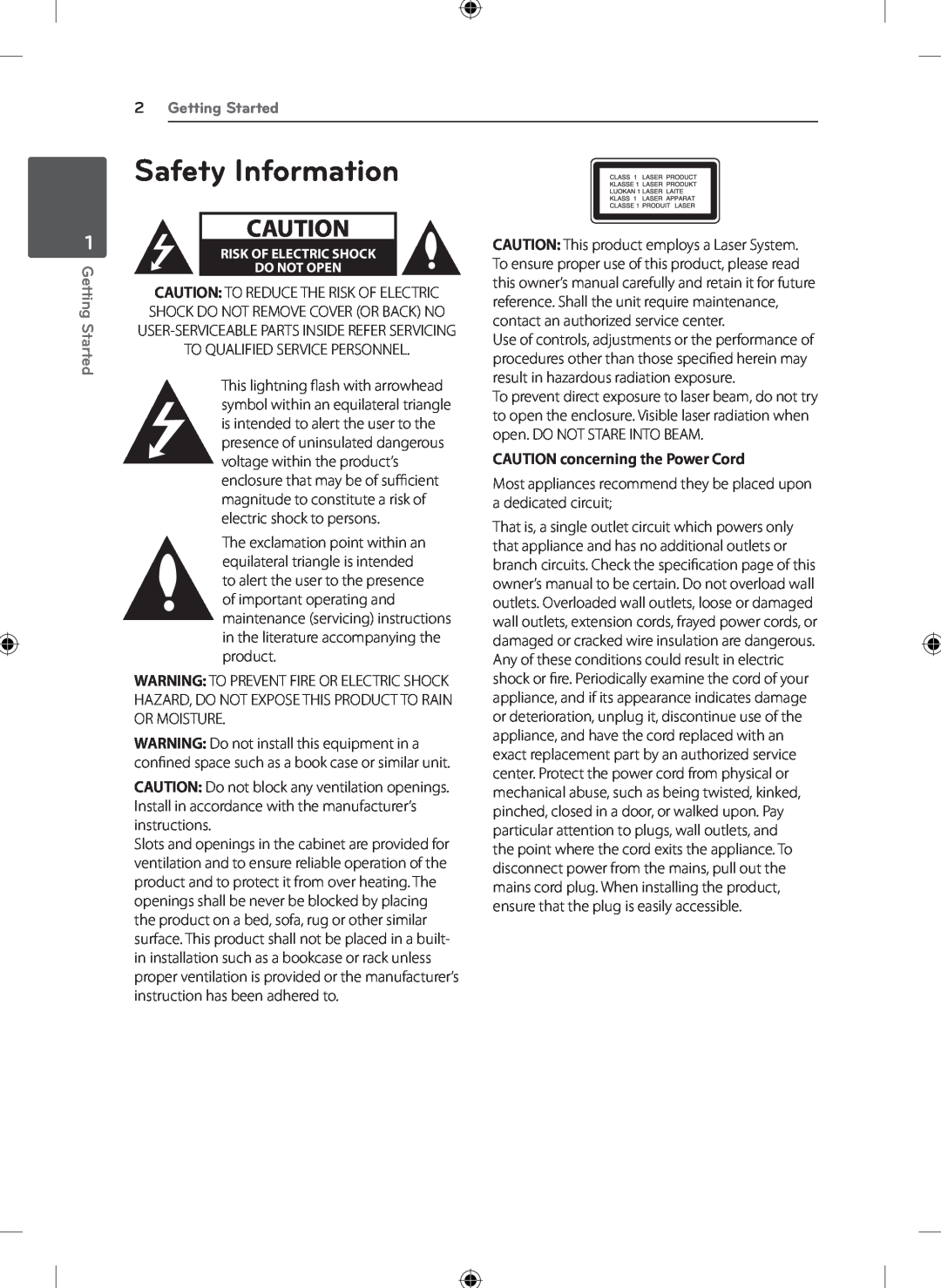 LG Electronics KSM1506 owner manual Safety Information, 2Getting Started, CAUTION concerning the Power Cord 