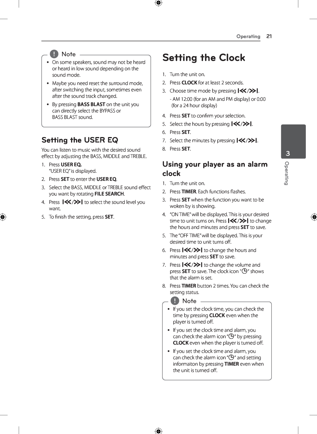 LG Electronics KSM1506 owner manual Setting the Clock, Setting the USER EQ, Using your player as an alarm clock, Operating 
