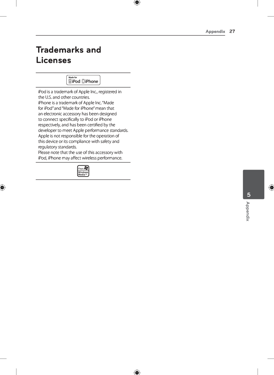 LG Electronics KSM1506 owner manual Trademarks and Licenses, Appendix 
