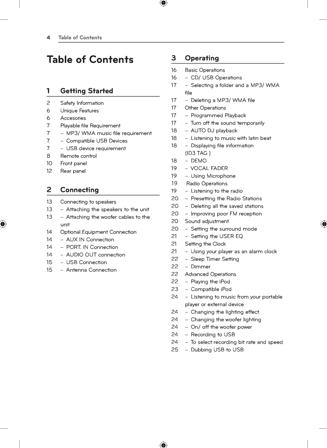 LG Electronics KSM1506 owner manual 1Getting Started, Connecting, Operating, 4Table of Contents 