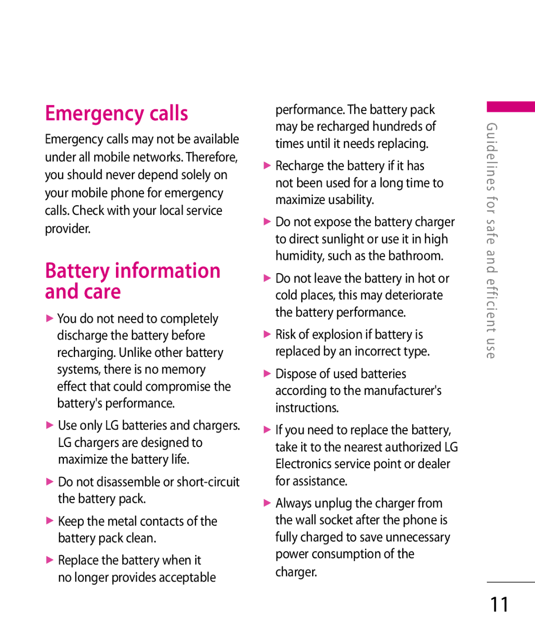 LG Electronics KT 610 manual Emergency calls, Battery information and care 