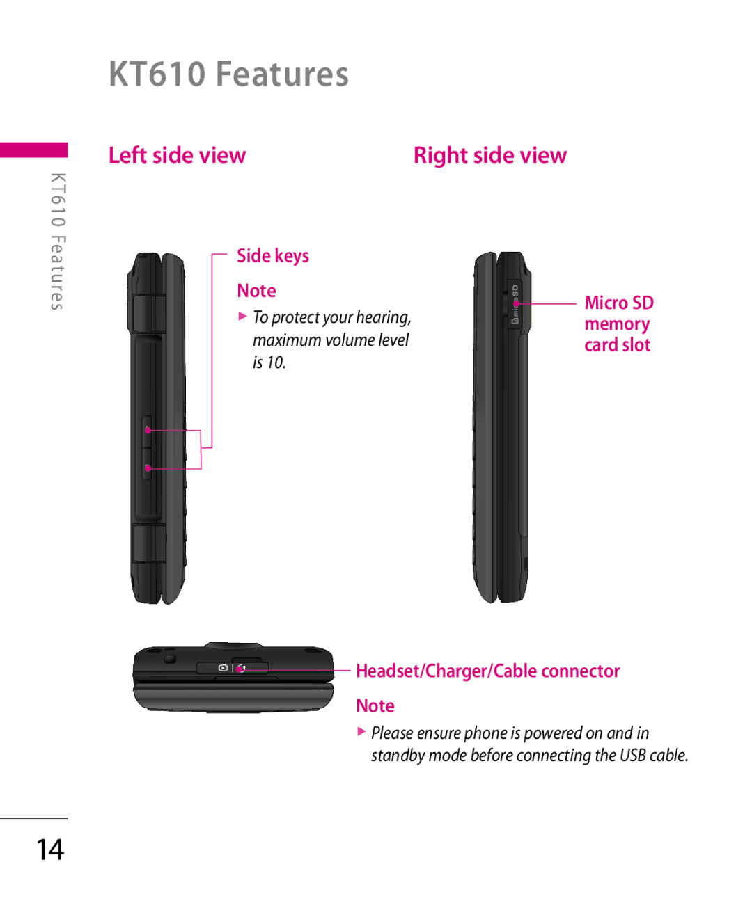 LG Electronics KT 610 manual KT610 Features, Left side view 