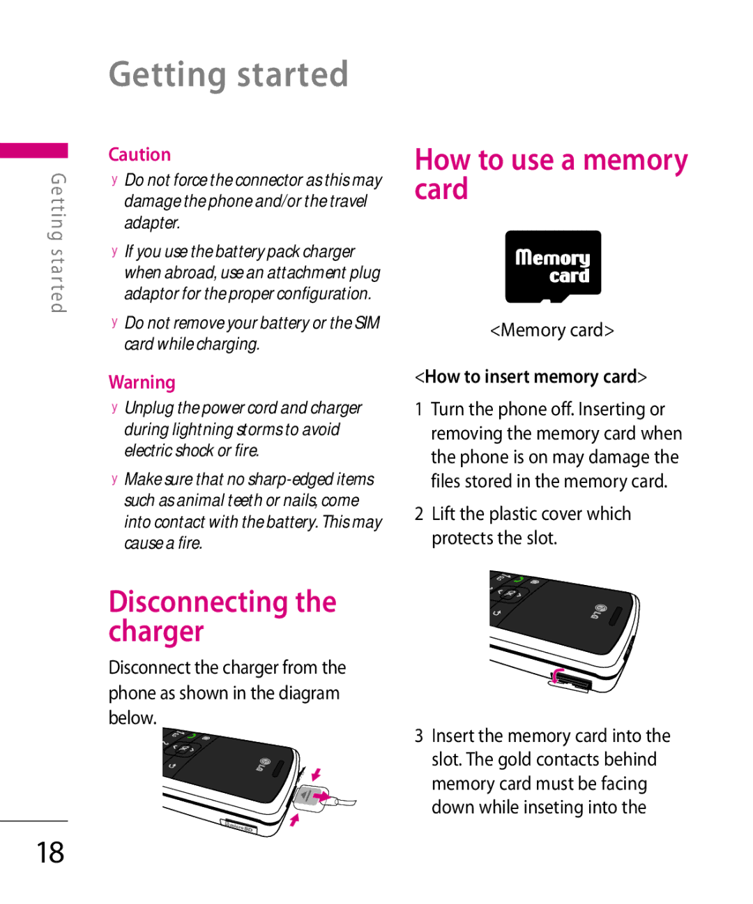 LG Electronics KT 610 manual Getting started, How to use a memory card, Disconnecting the charger, Memory card 