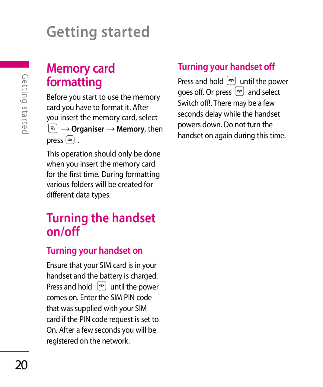 LG Electronics KT 610 manual Turning the handset on/off, Turning your handset on, Turning your handset off 