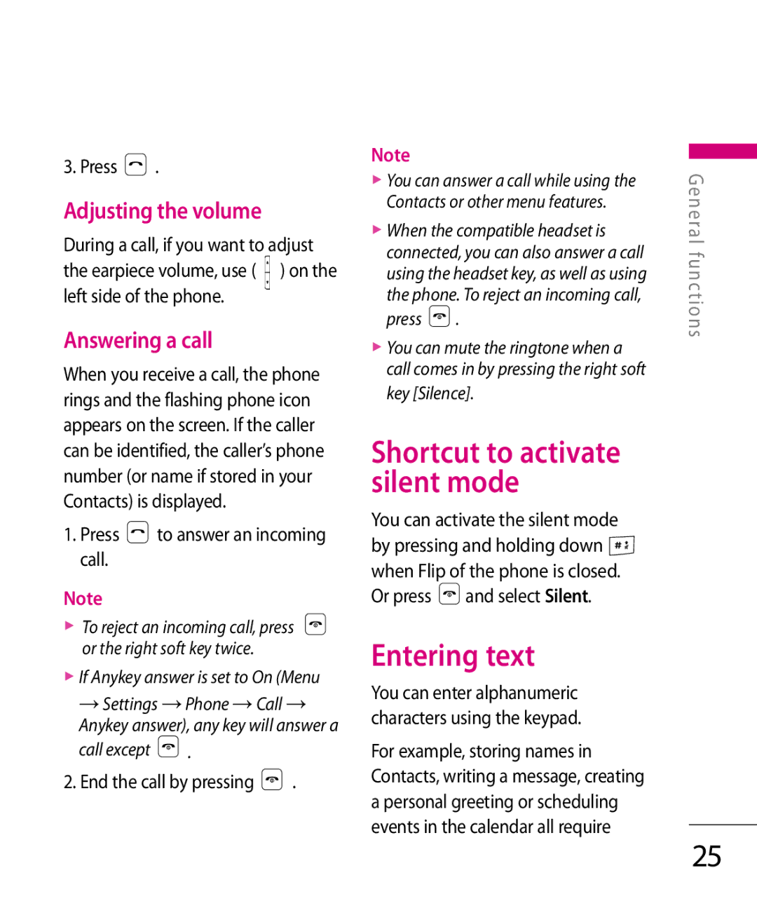 LG Electronics KT 610 manual Entering text, Adjusting the volume, Answering a call 