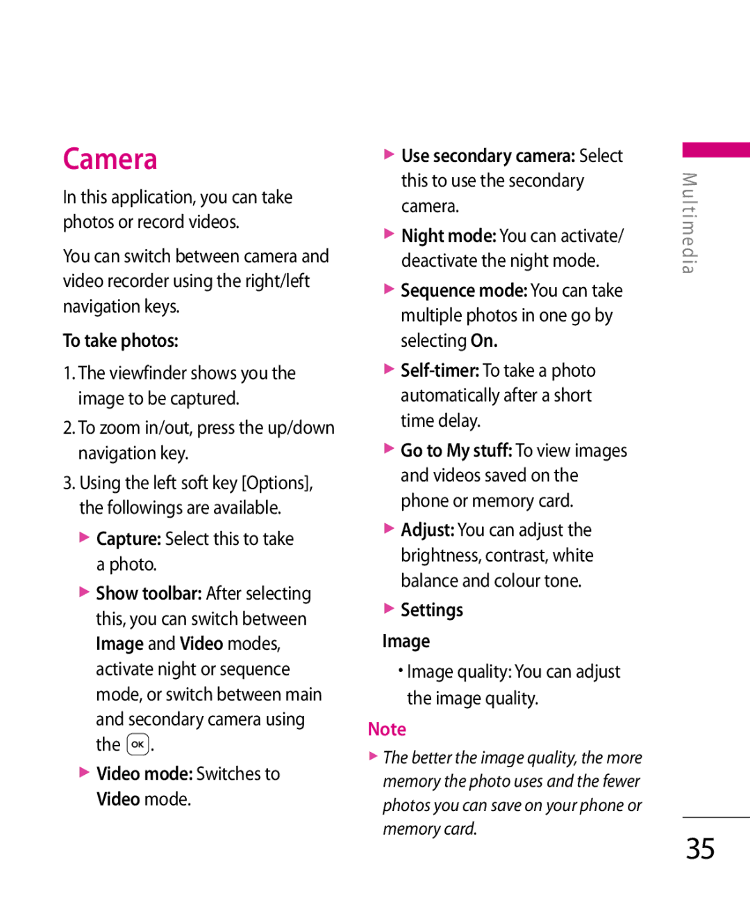 LG Electronics KT 610 manual Camera, To take photos, To zoom in/out, press the up/down navigation key, Settings Image 