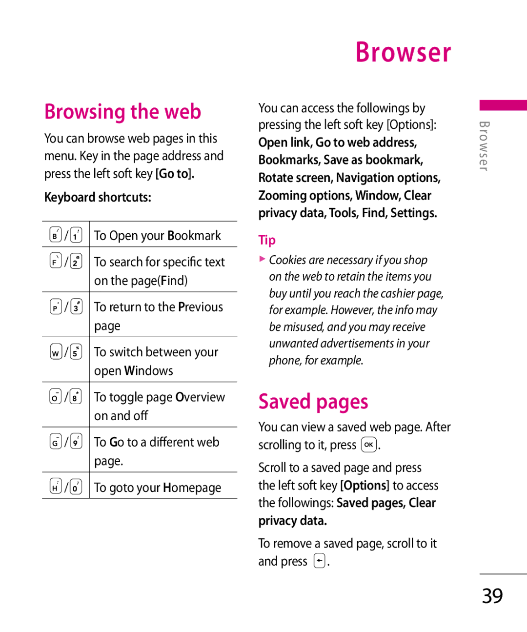 LG Electronics KT 610 manual Browser, Browsing the web, Saved pages, Keyboard shortcuts, Privacy data 