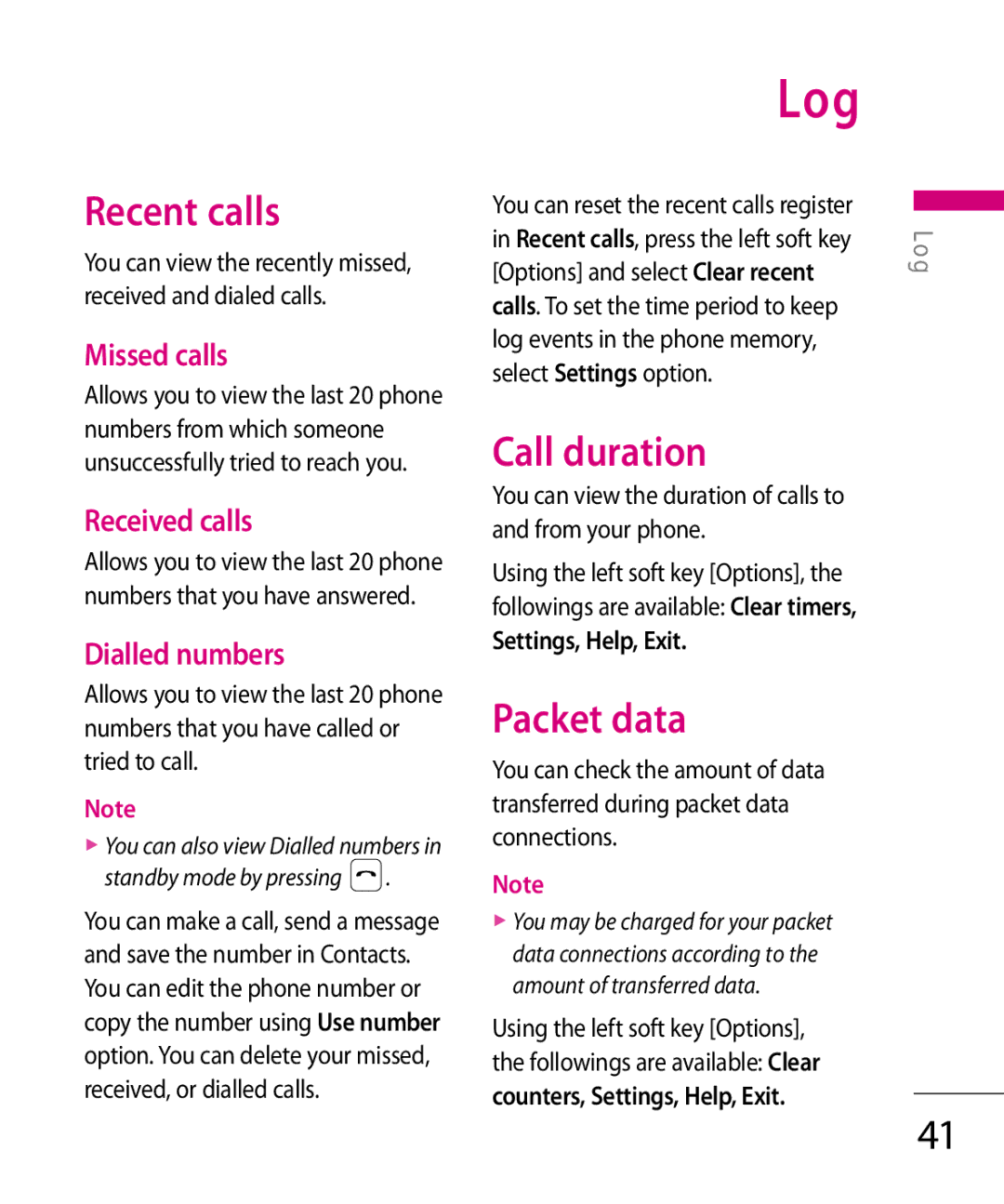 LG Electronics KT 610 manual Log, Recent calls, Call duration, Packet data 