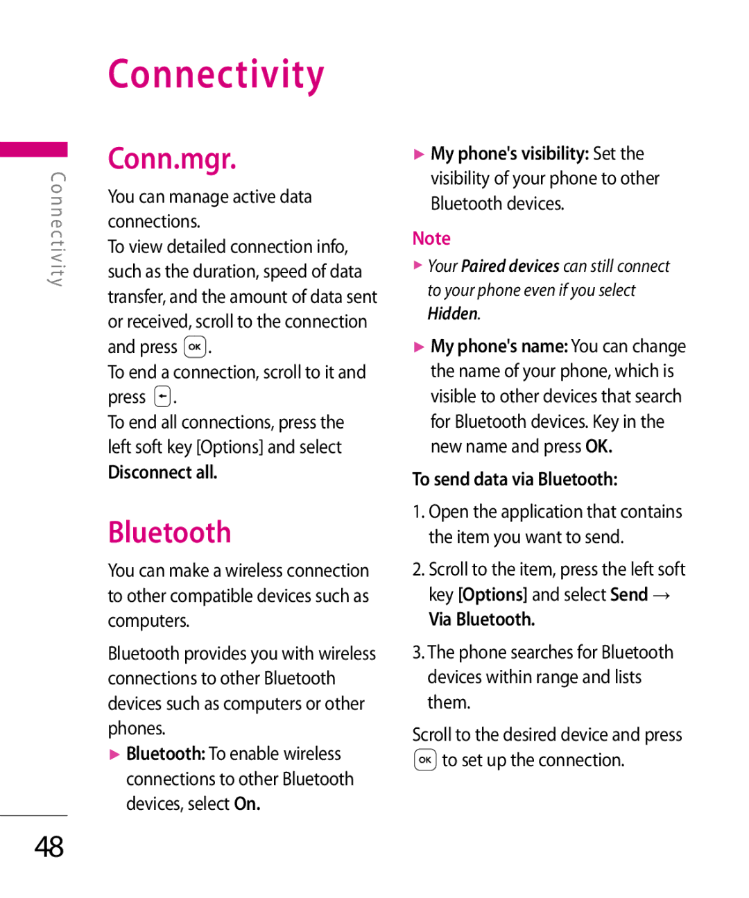 LG Electronics KT 610 manual Connectivity, Conn.mgr, Bluetooth 