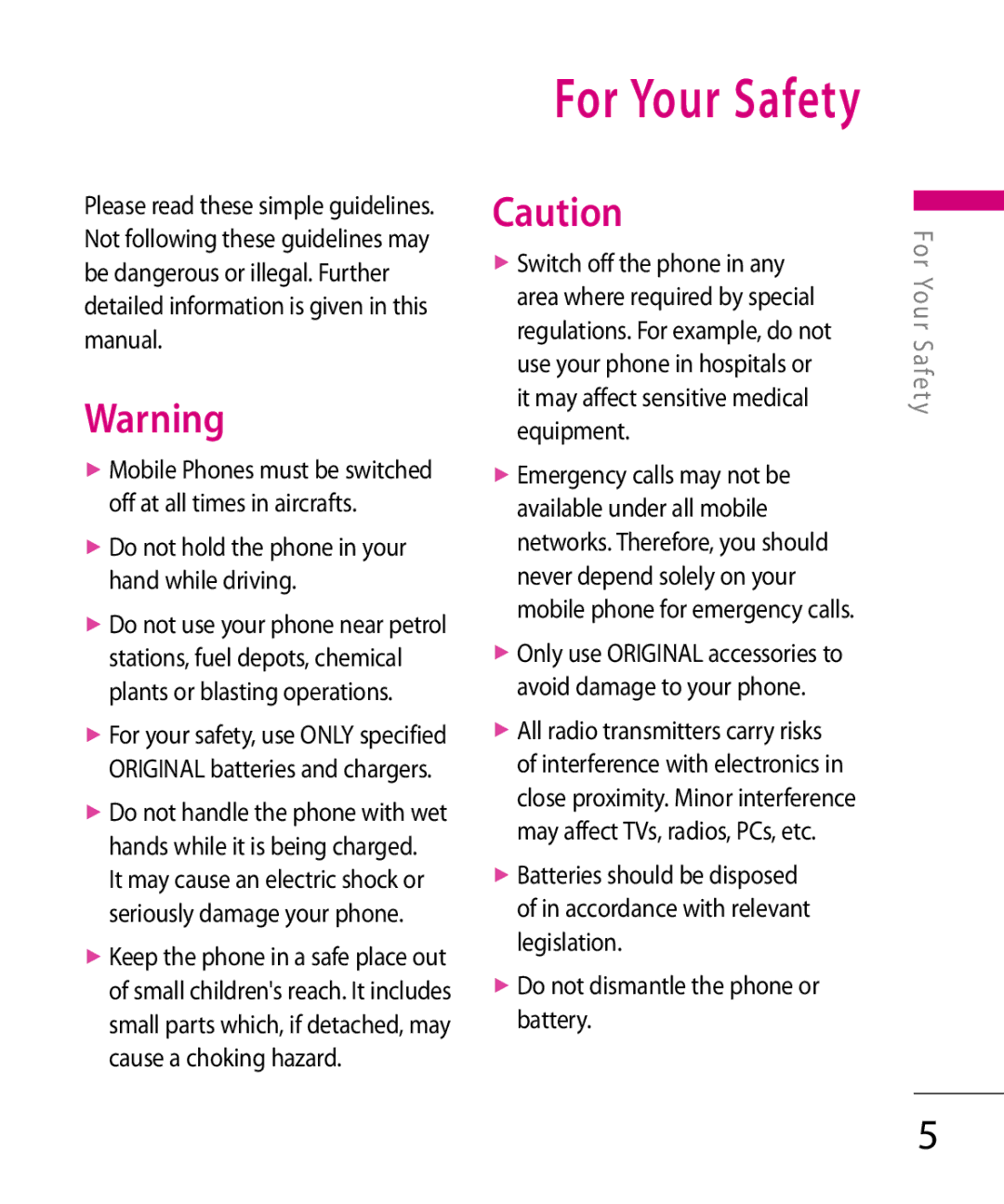 LG Electronics KT 610 manual Do not dismantle the phone or battery, Do not hold the phone in your hand while driving 