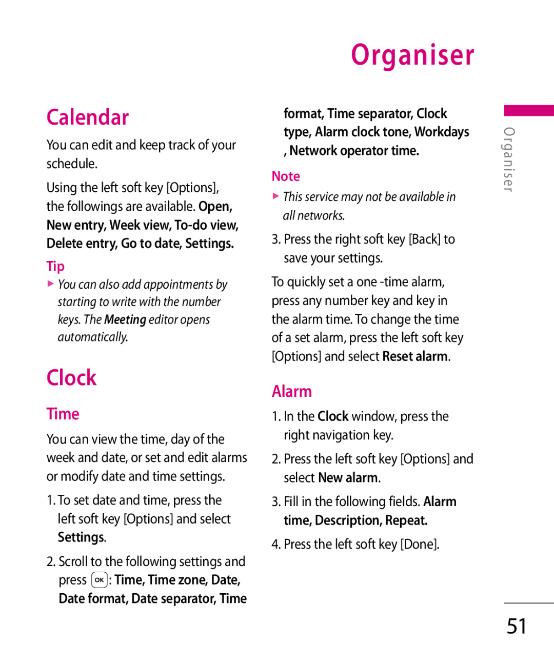 LG Electronics KT 610 manual Organiser, Calendar, Clock, Time, Alarm 