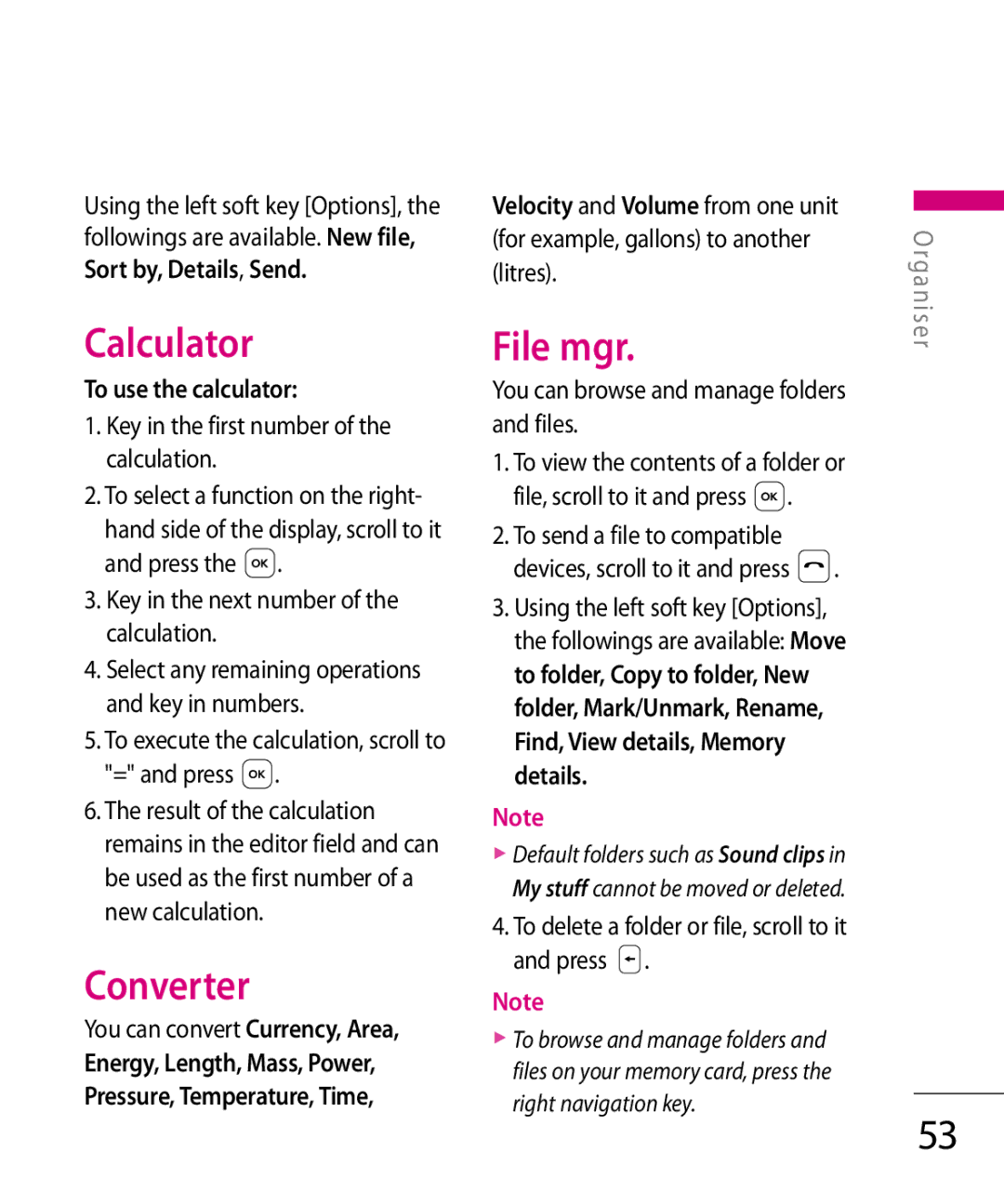 LG Electronics KT 610 manual Calculator, Converter, File mgr, Sort by, Details, Send, To use the calculator 