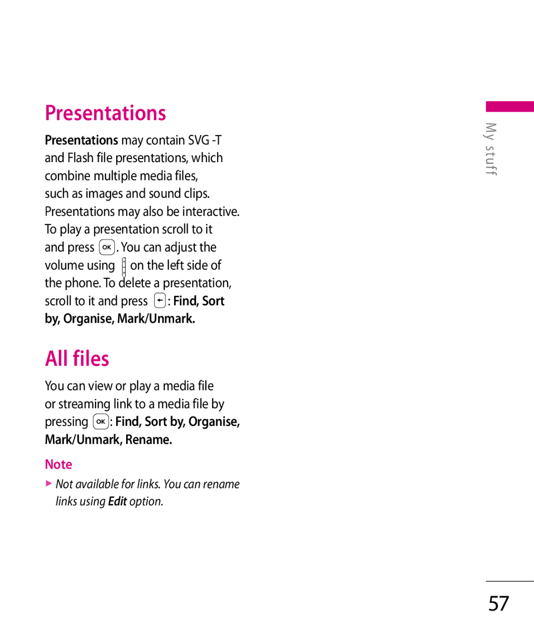 LG Electronics KT 610 manual Presentations, All files, By, Organise, Mark/Unmark 