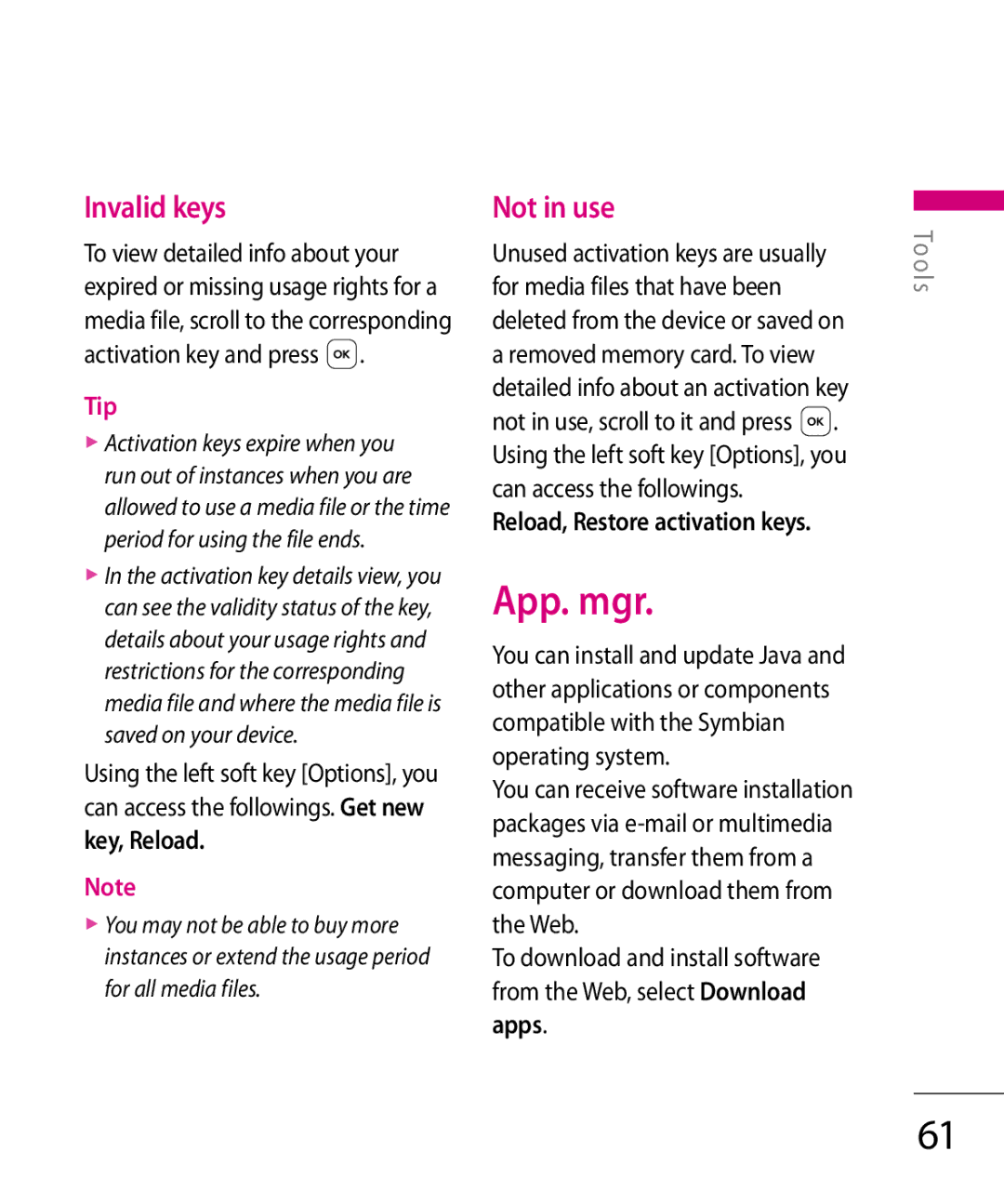 LG Electronics KT 610 manual App. mgr, Invalid keys, Not in use, Key, Reload, Reload, Restore activation keys 