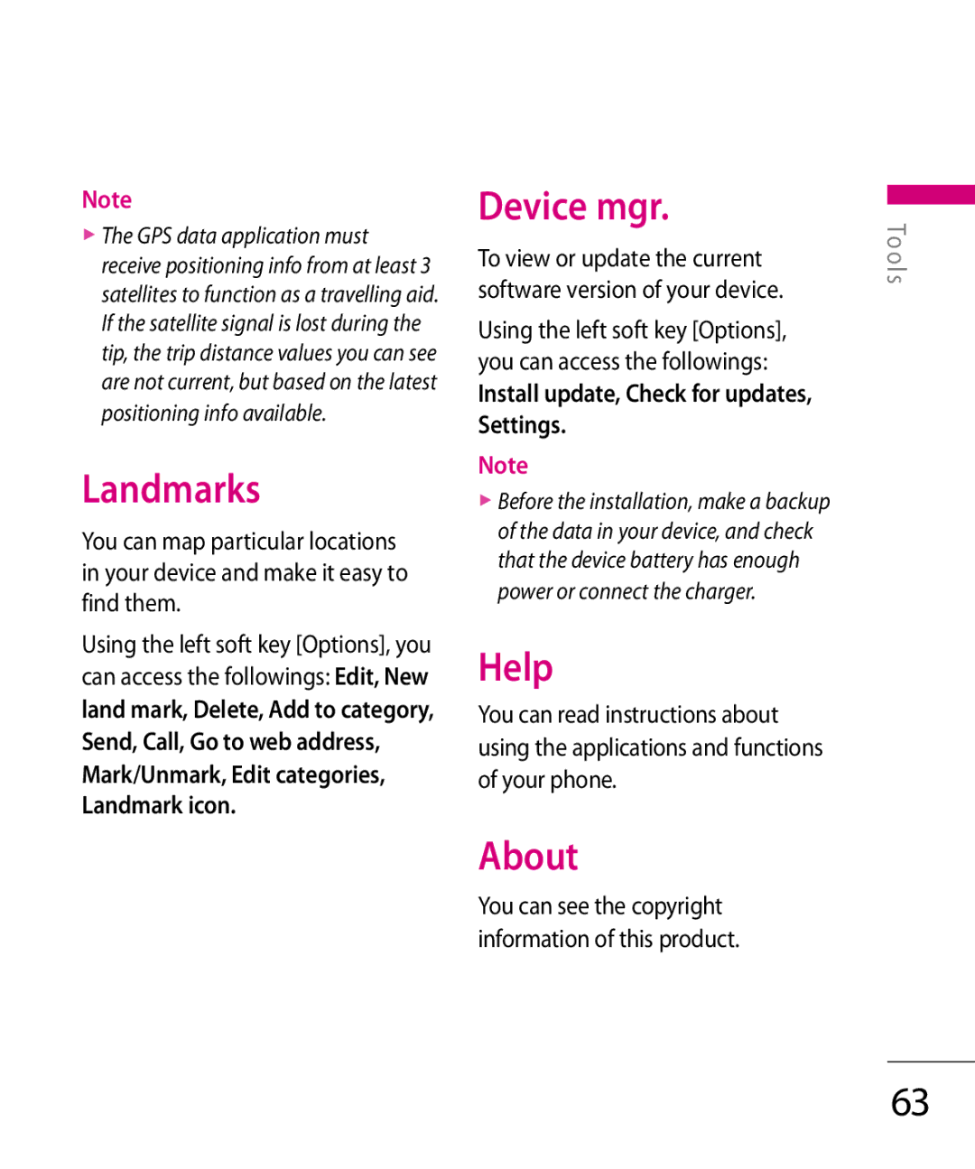 LG Electronics KT 610 manual Landmarks, Device mgr, Help, About, Install update, Check for updates, Settings 