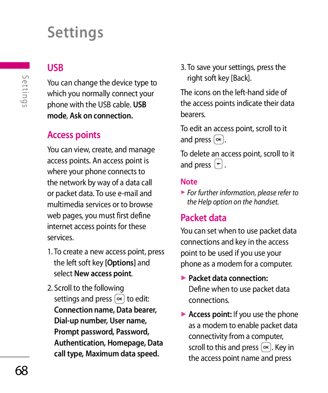 LG Electronics KT 610 manual Access points, Packet data, Mode, Ask on connection 